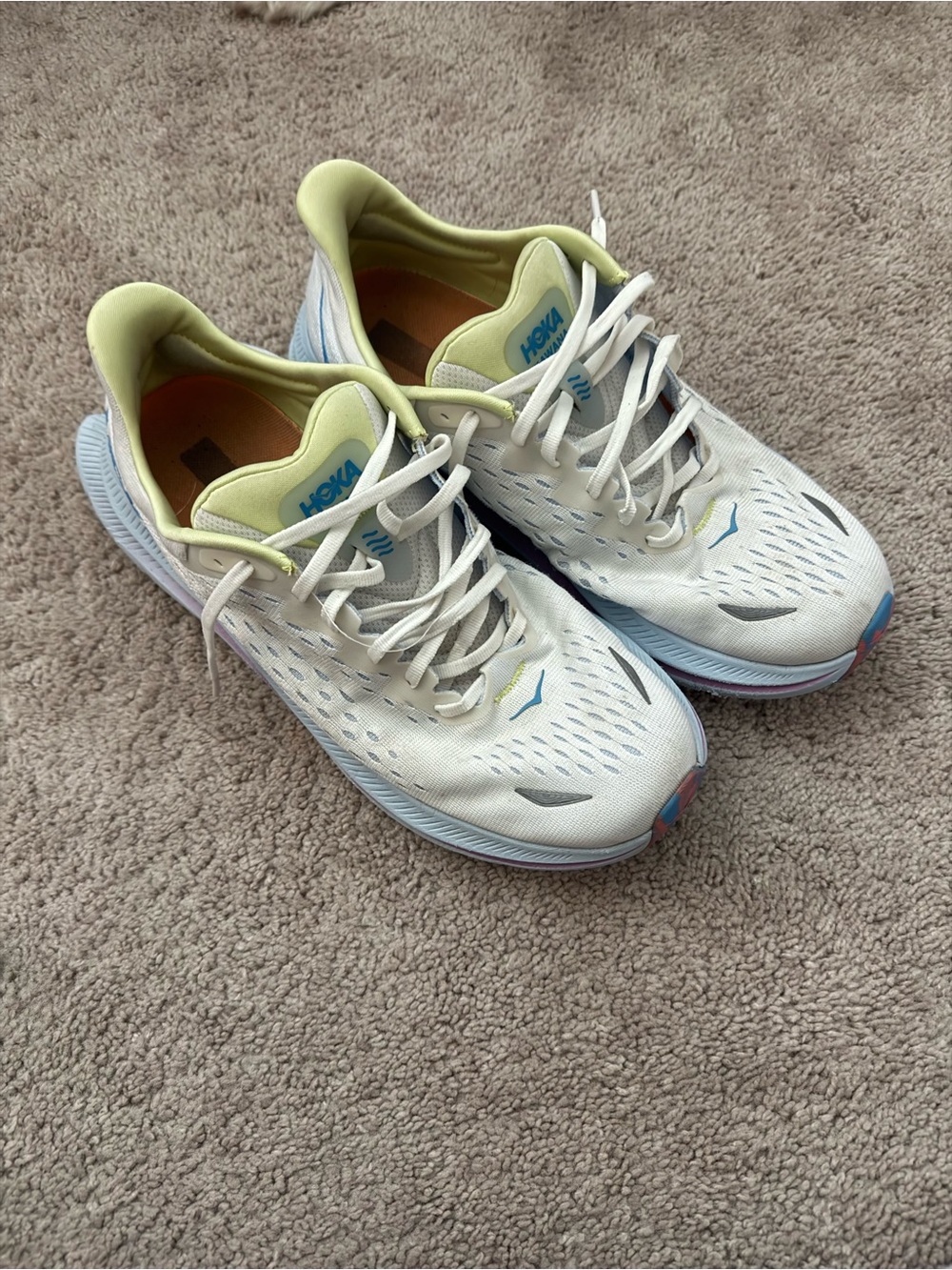 Hoka White Running Shoes with Light Blue Soles and Yellow Lining - Picture 1 of 2